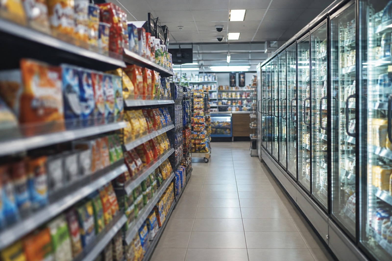 Convenience store aisle and coolers checked in due diligence to buy a convenience store