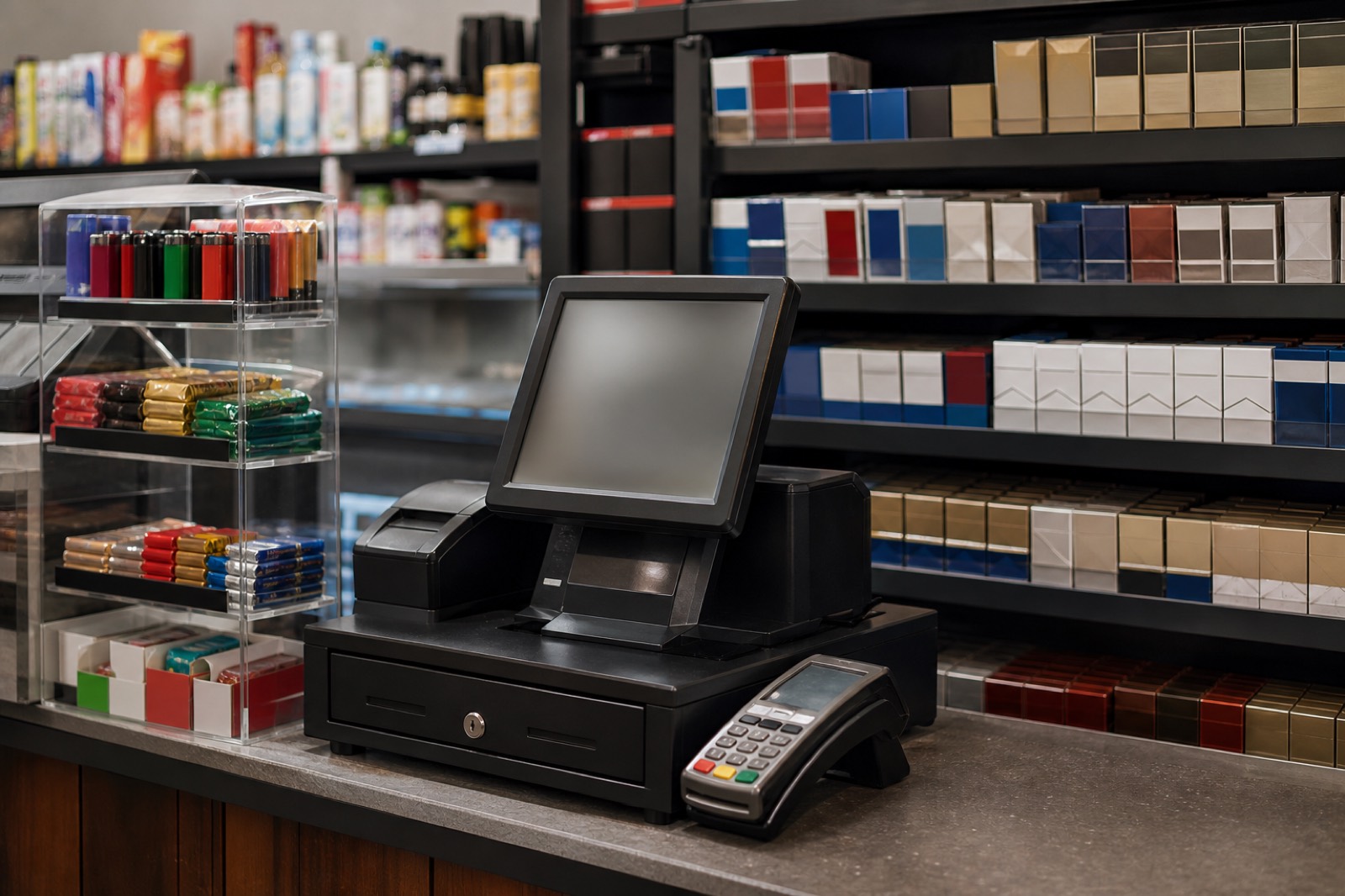 Convenience store counter where several licenses apply when you buy a convenience store