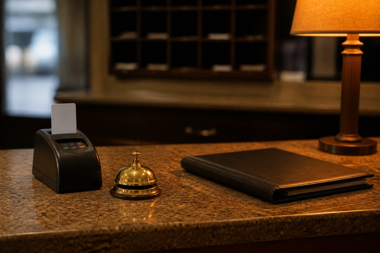 Motel front desk and key cards, part of financing when buying a motel