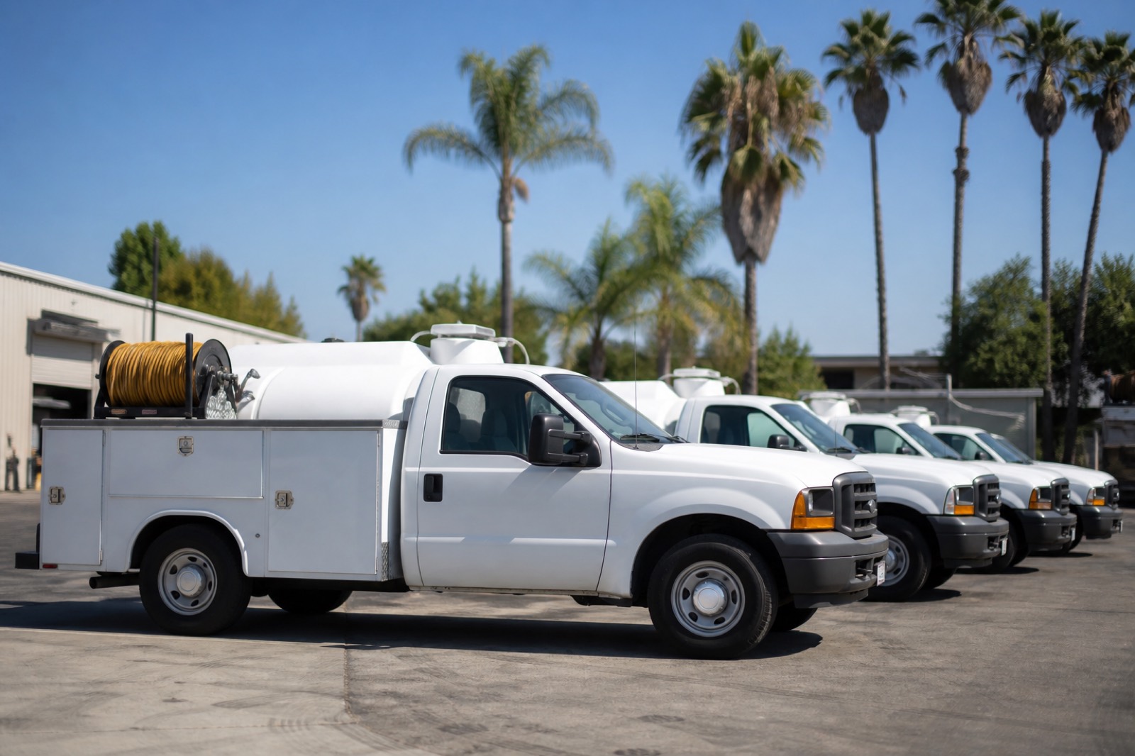 Pest control trucks in a sunny yard, a pest control business for sale in California