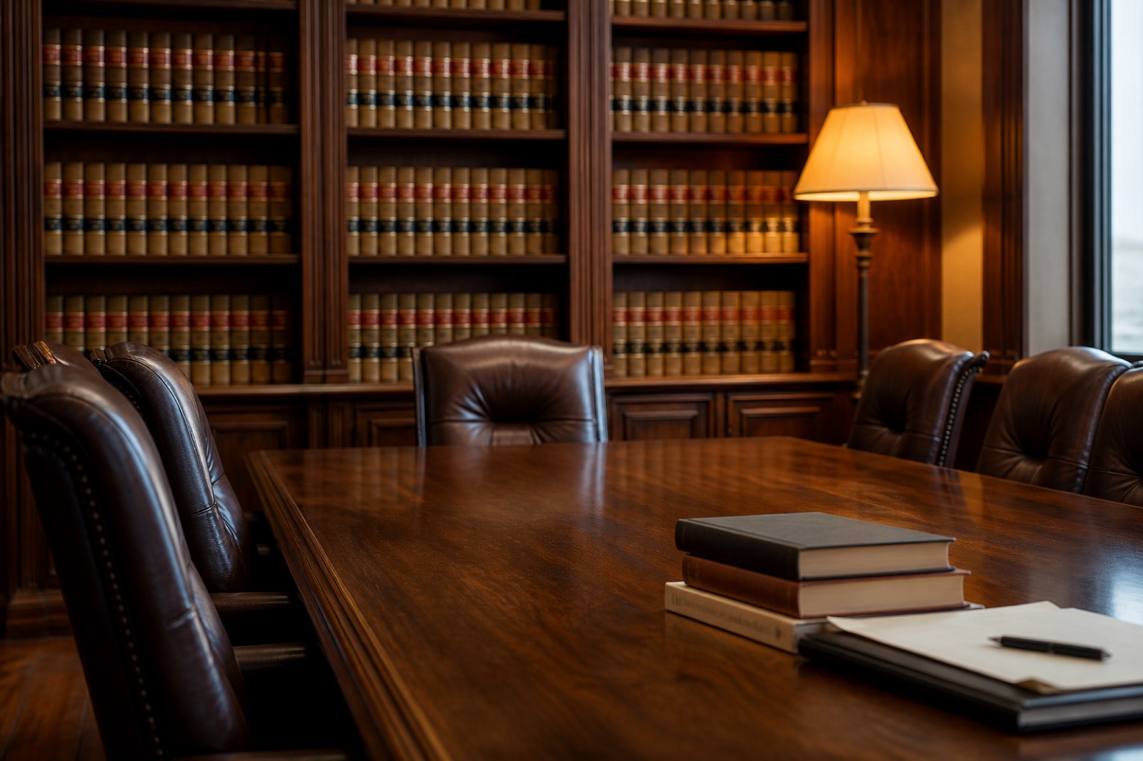 Law firm conference room with legal volumes used by M&A firms in Chicago