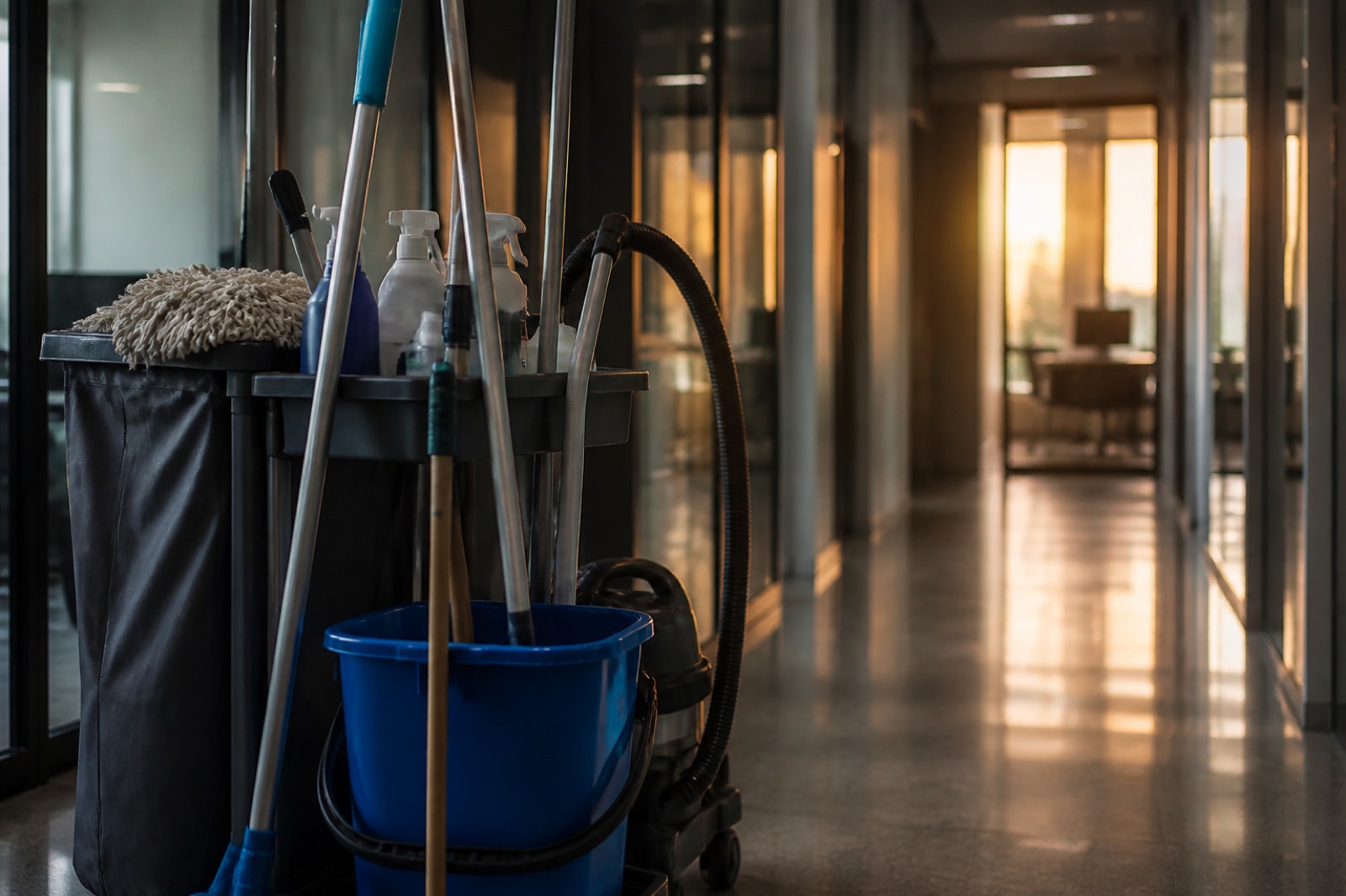 Janitorial cart in an office corridor, the work behind a commercial cleaning business valuation