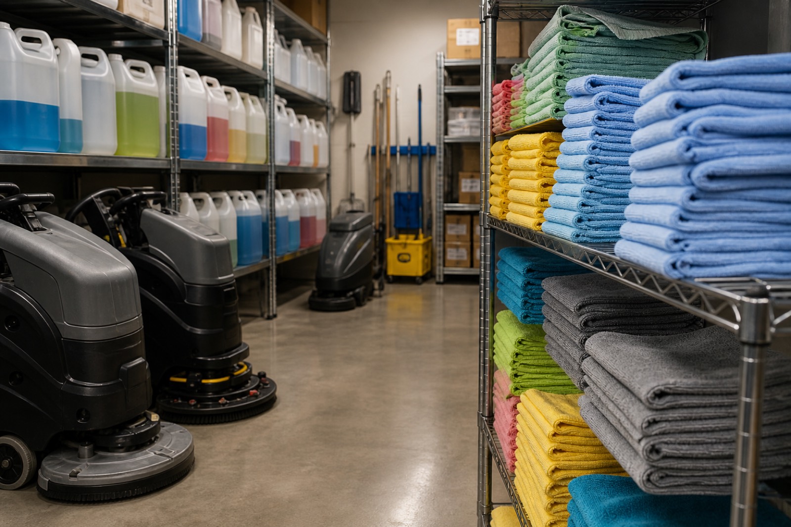 Cleaning supply room and floor scrubbers in a commercial cleaning business valuation