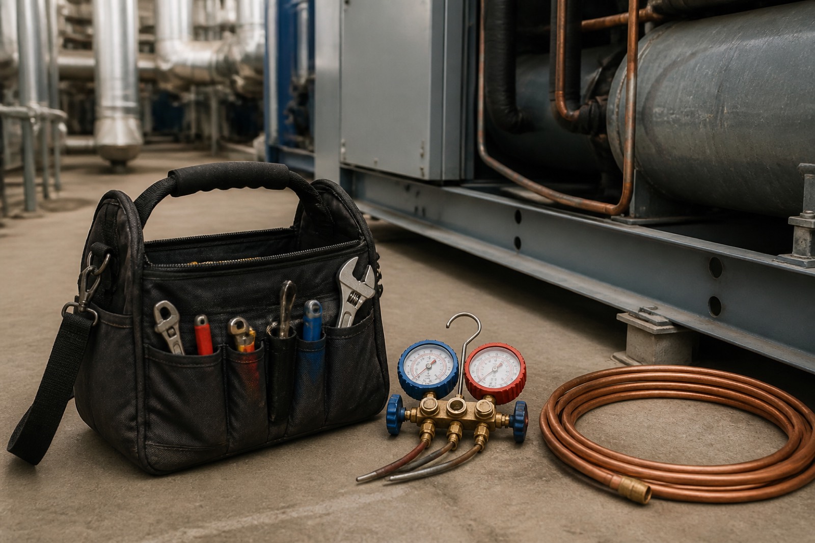 Refrigerant gauges in a mechanical room, tied to HVAC business valuation mistakes