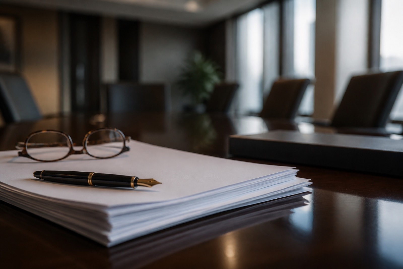 Closing documents and pen on a table during a consulting firm sale