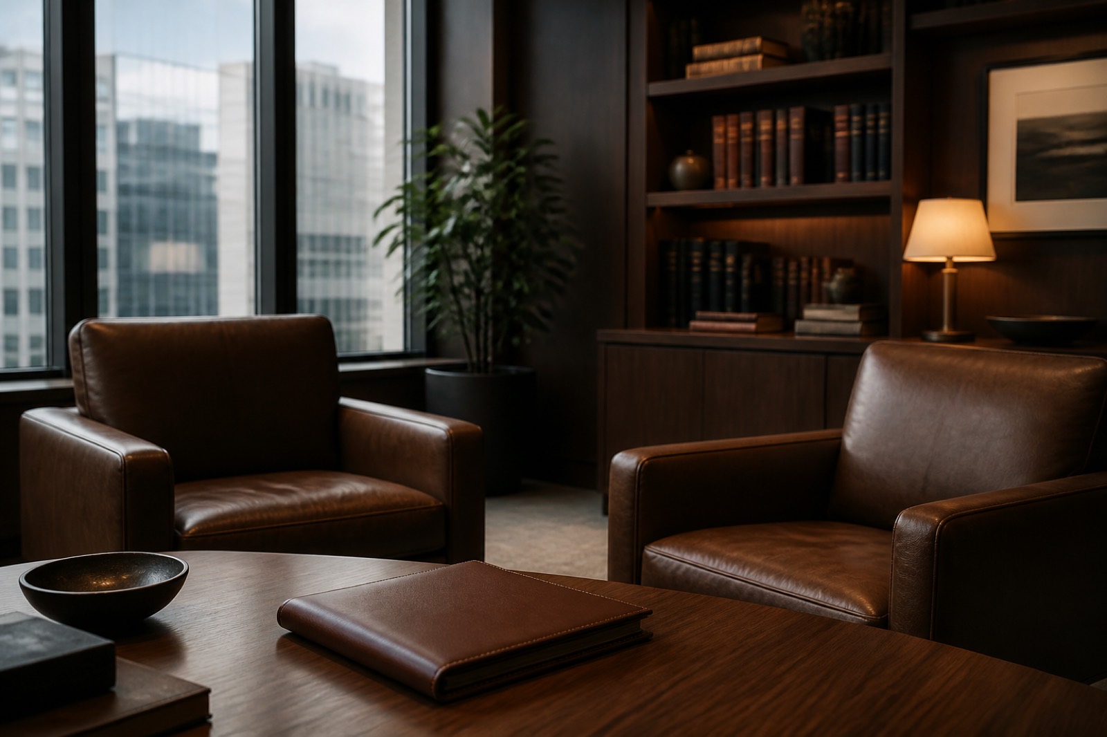 Partner office with armchairs set for a consulting firm equity discussion