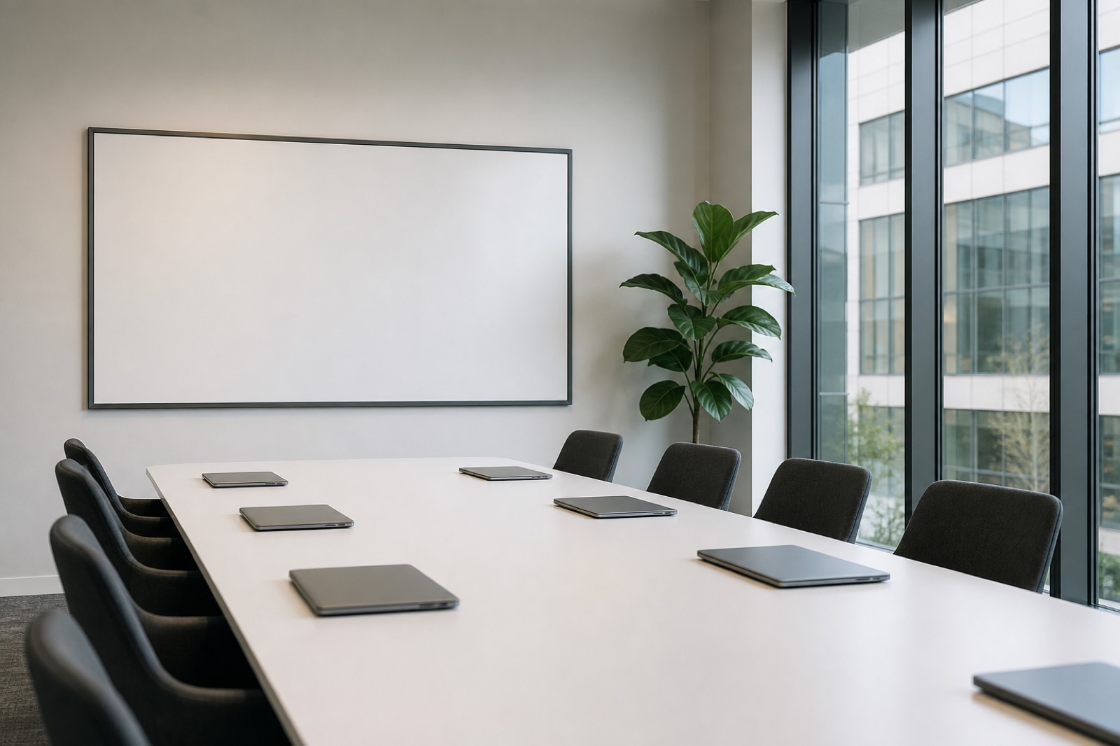 Consulting firm project room with a long table and clean whiteboard