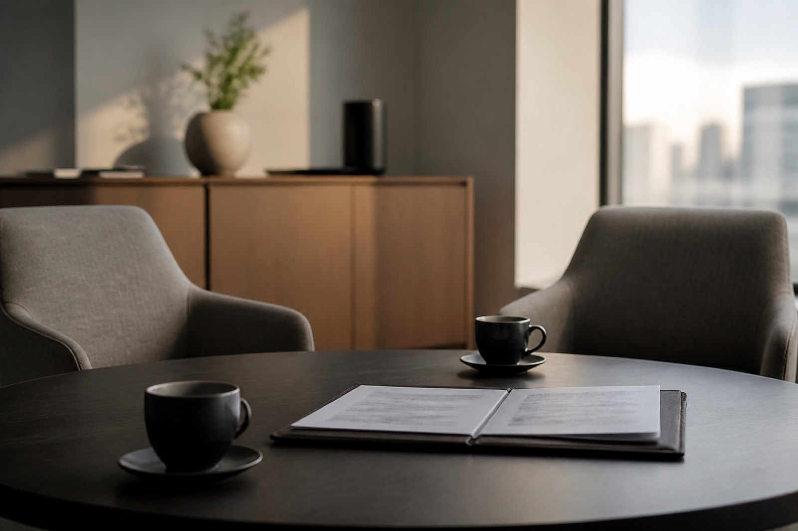 Client meeting room in a CPA firm with coffee and documents