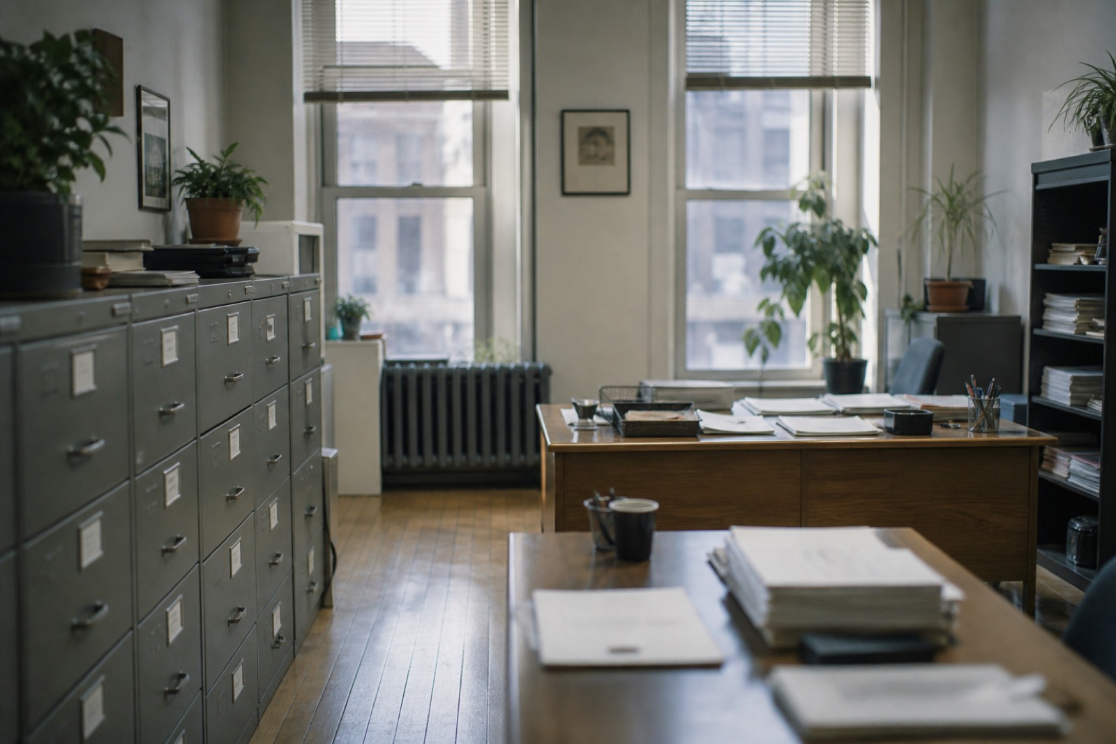 Small accounting office with file cabinets and desks