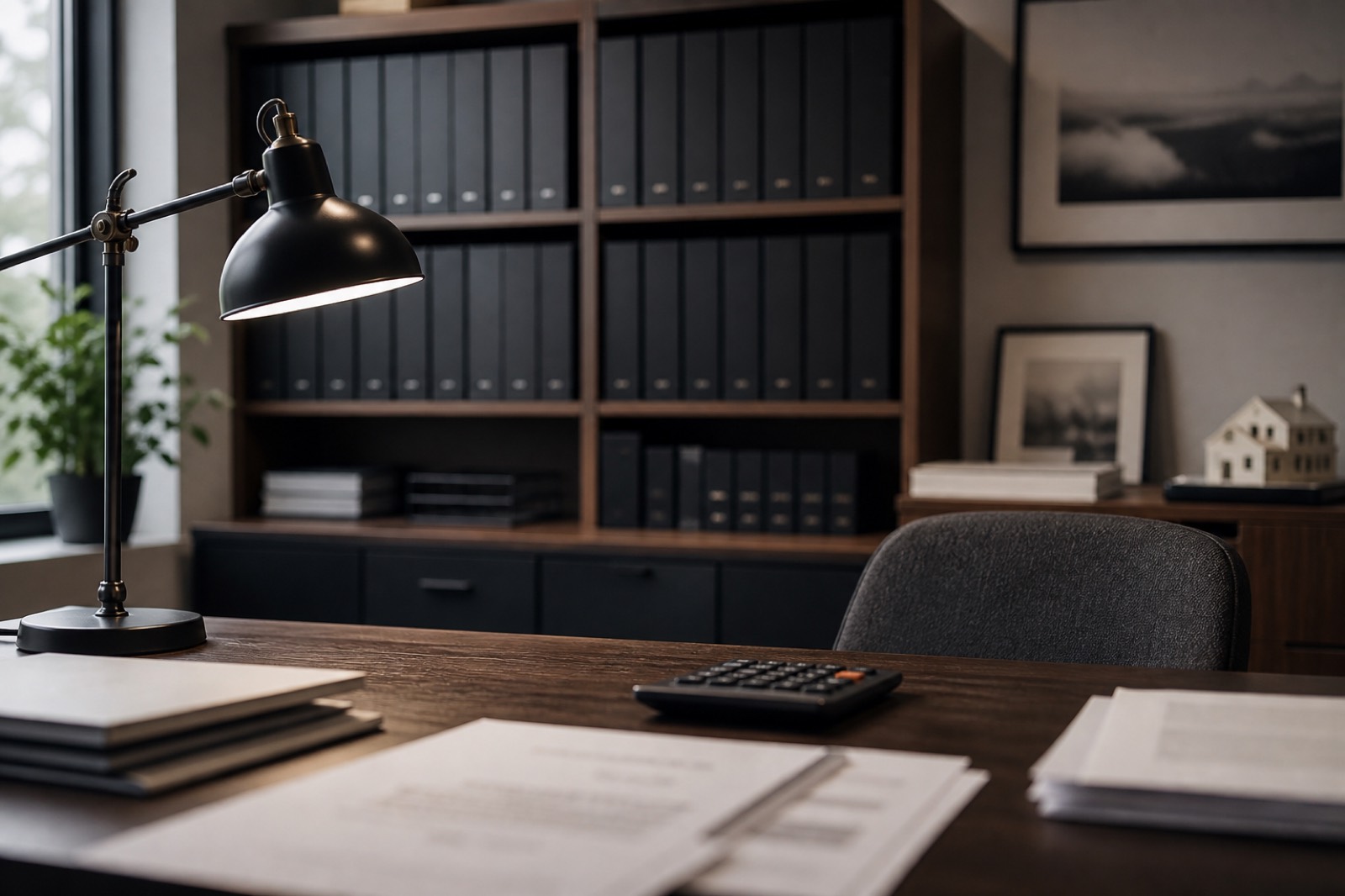 Valuation office with binders, desk lamp and calculator