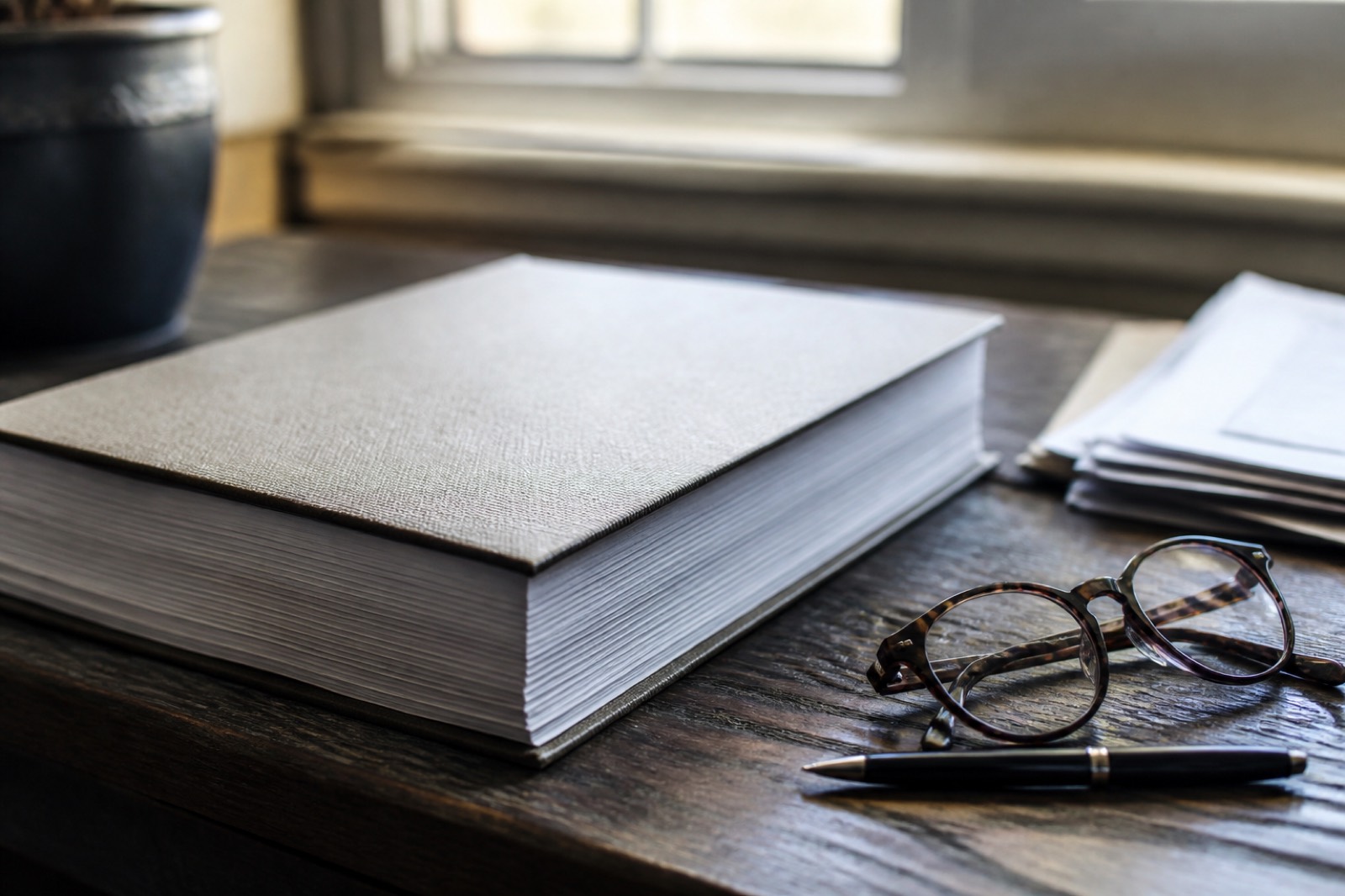 Bound business valuation report on a desk with reading glasses