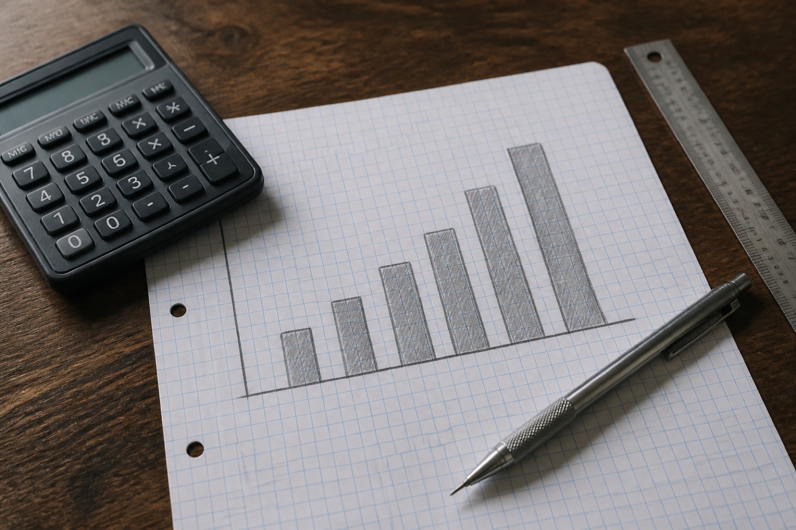 Desk with graph paper and calculator for a DCF business valuation step by step