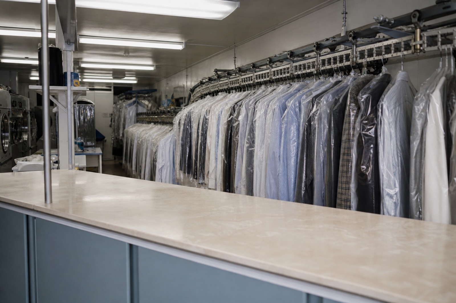 Dry cleaning shop with a garment conveyor of bagged clothing