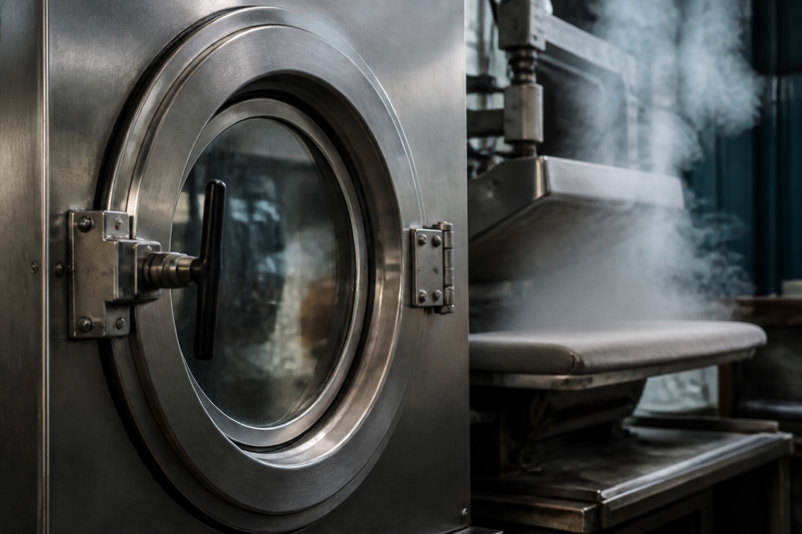 Industrial dry cleaning machine with porthole door in a back room