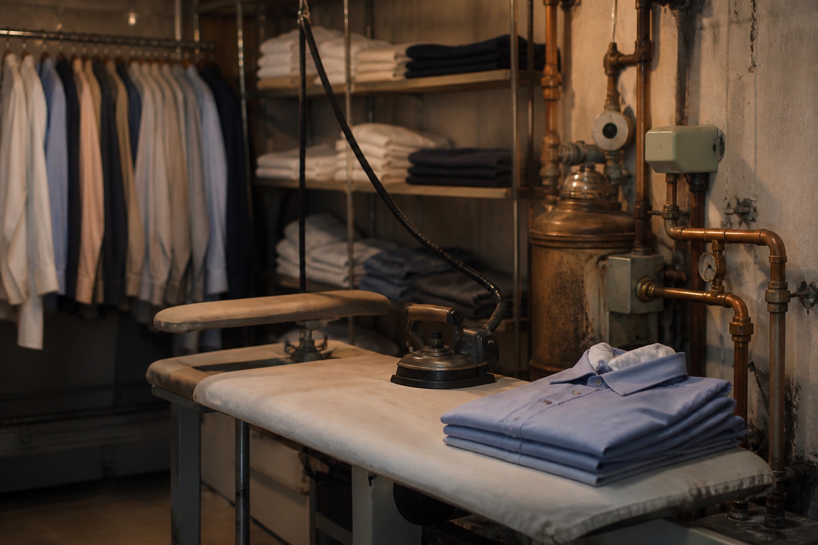 Dry cleaner back room with pressing table and boiler pipes