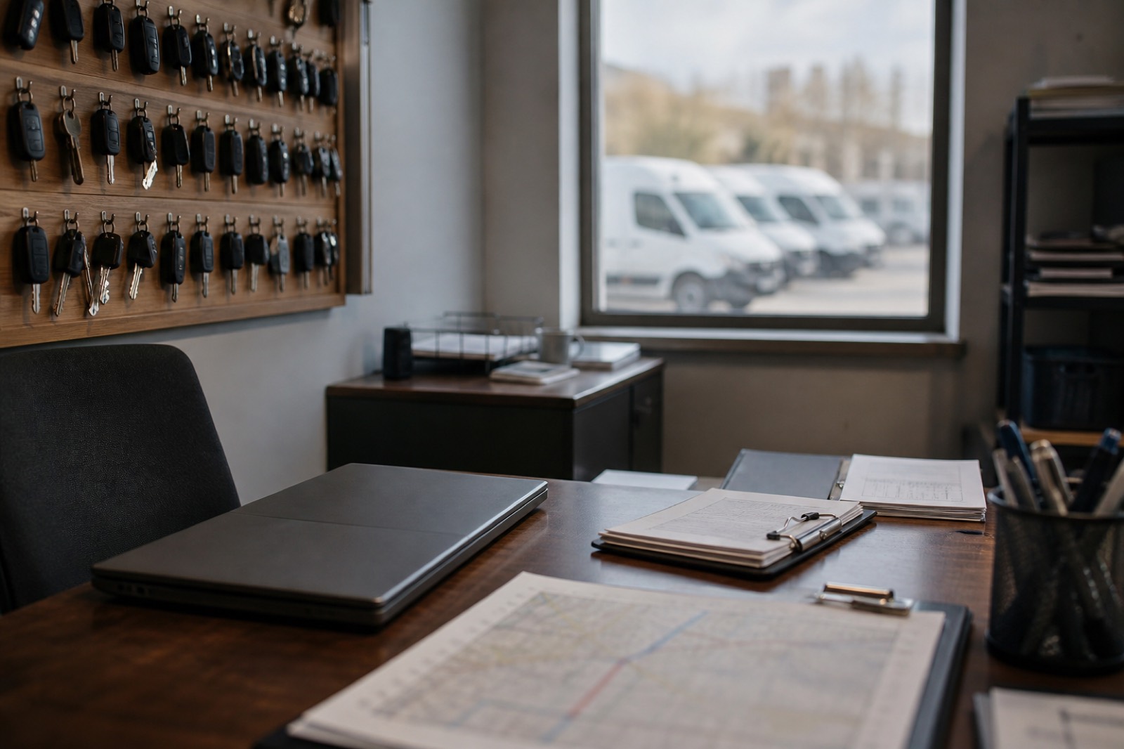 Dispatch office with van keys and route clipboards for a DSP route business for sale