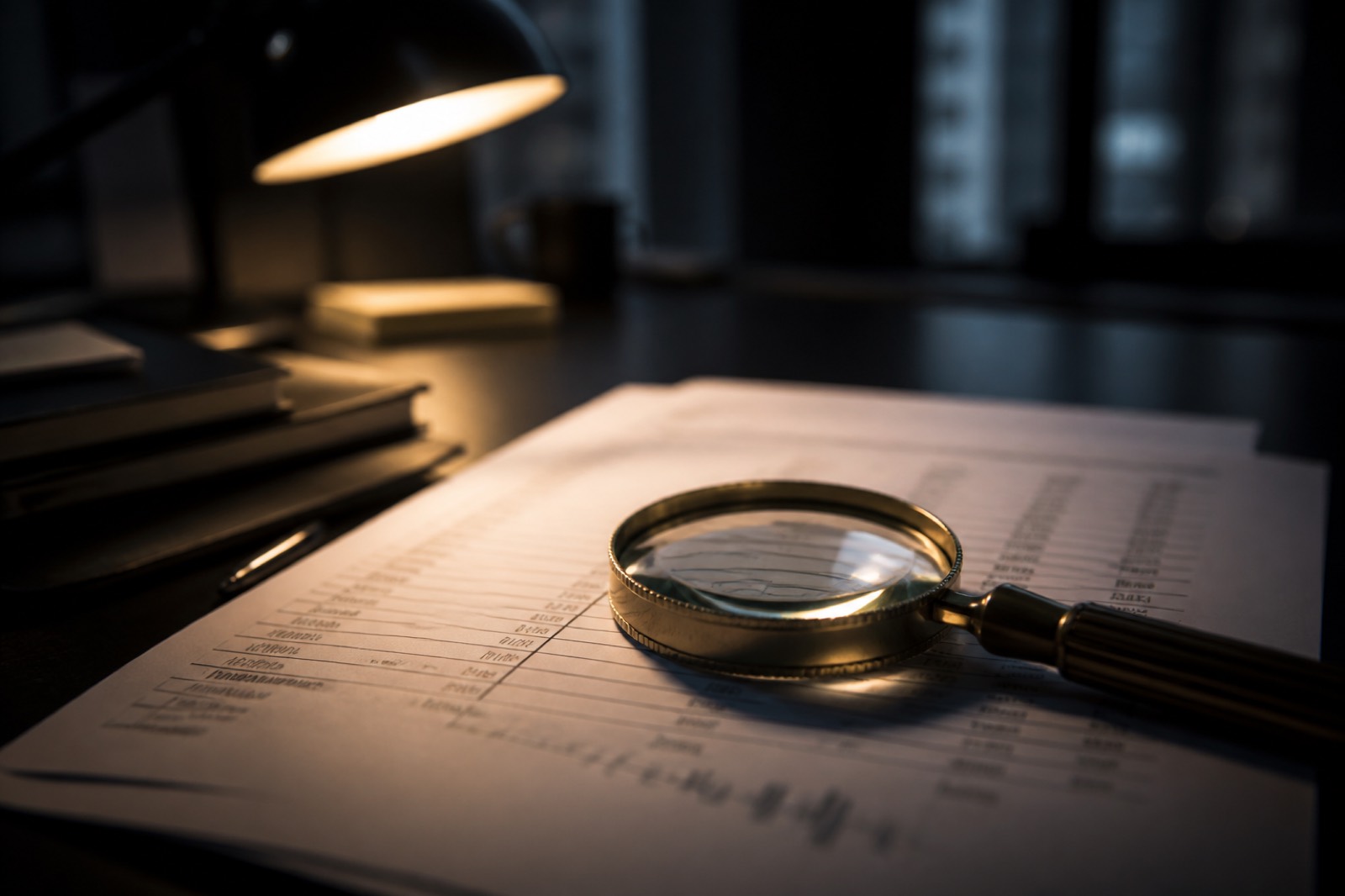 Magnifying glass over financial statements during buyer review