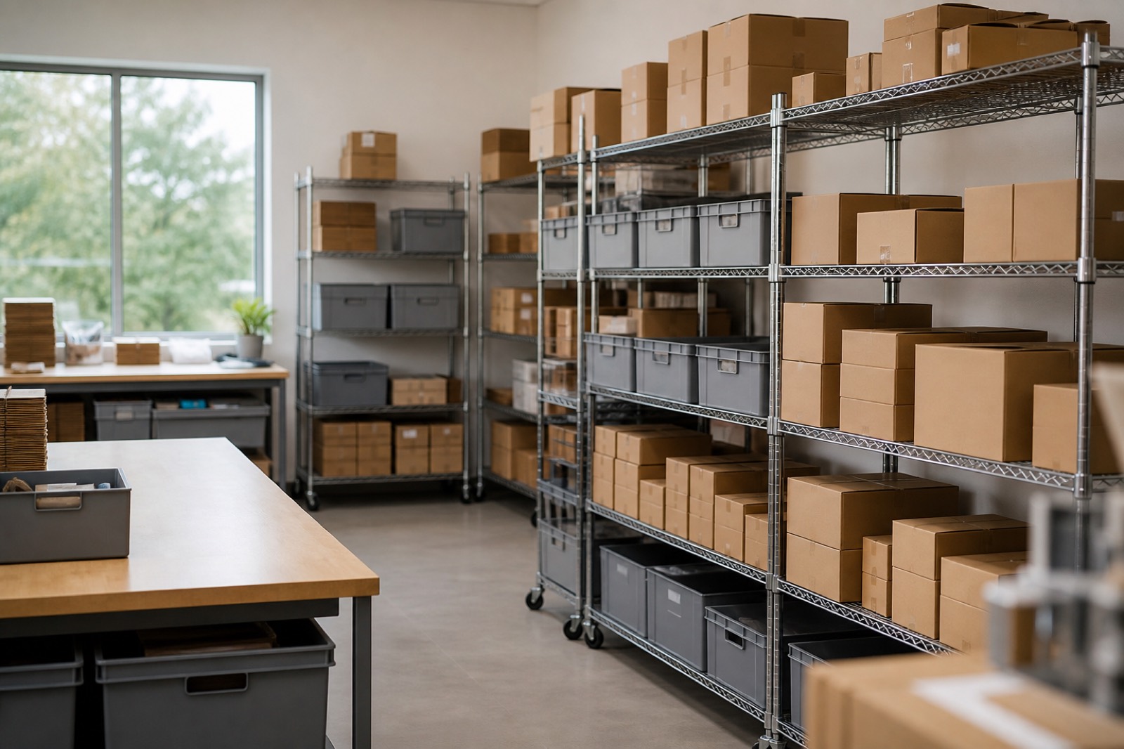 Small fulfillment room with organized shelving and storage bins
