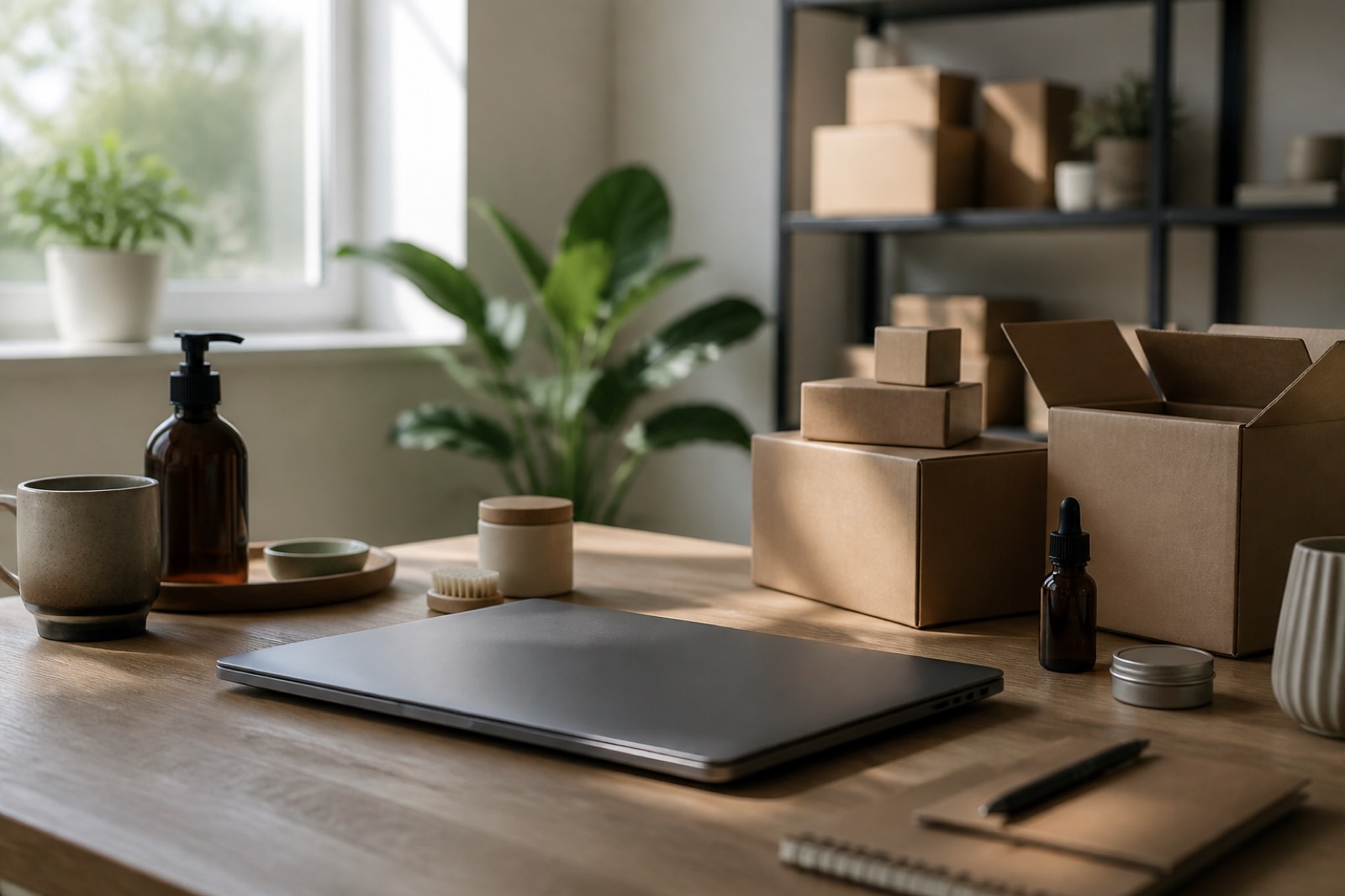 Home office desk with product boxes for an online store