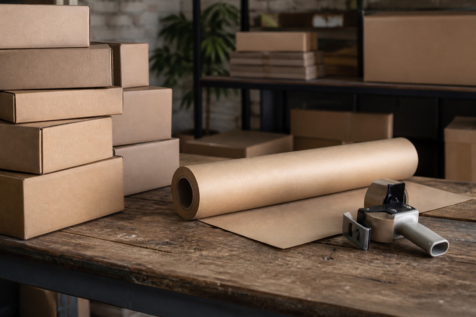 Packing station with shipping boxes and tape for ecommerce orders