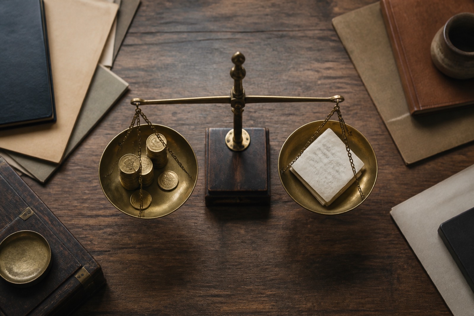 Balance scale with coins and documents comparing market cap vs enterprise value