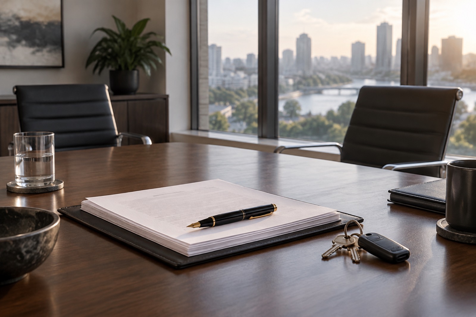 Closing table with signed transaction documents, a pen and handover keys
