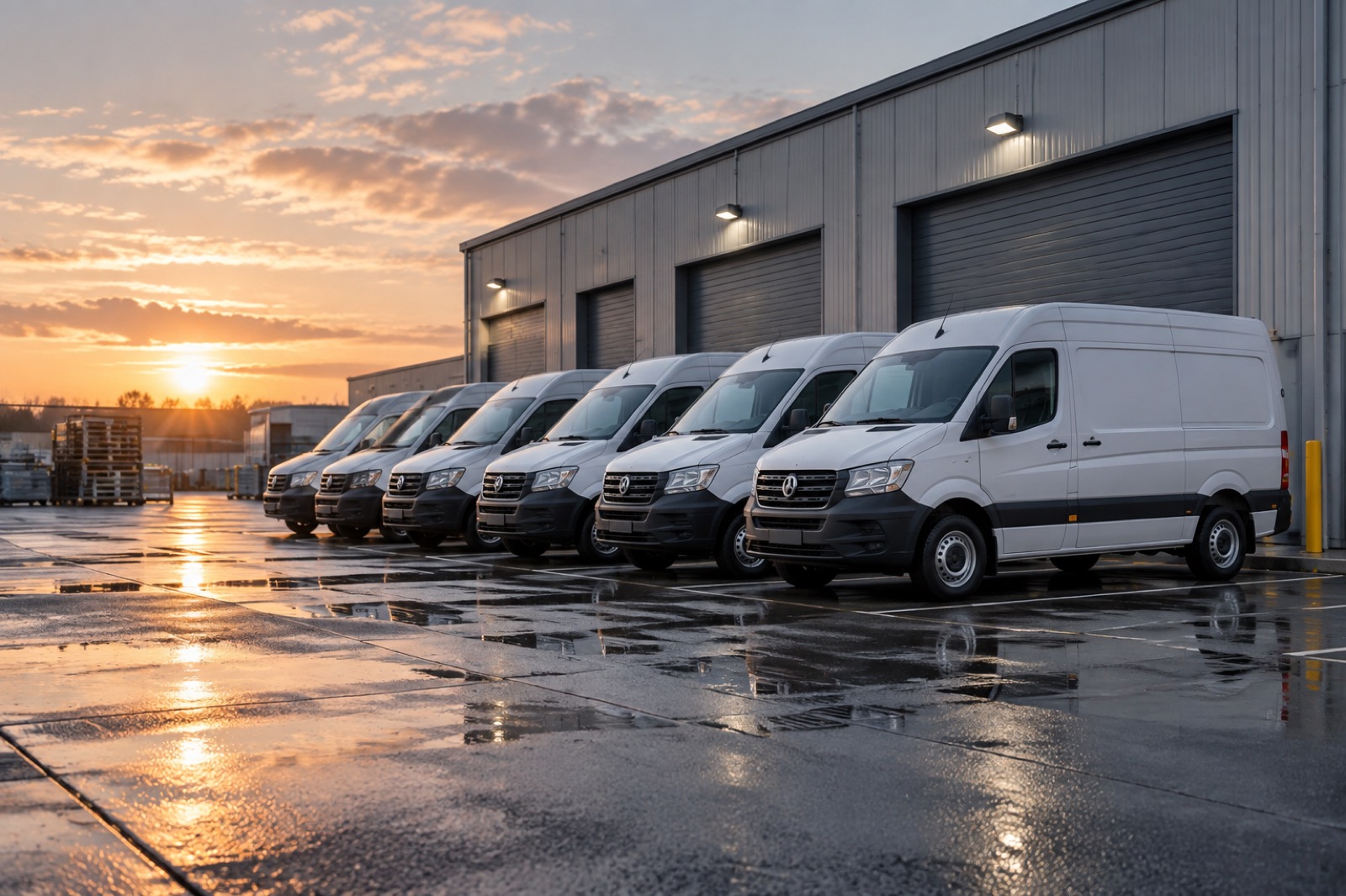 Row of identical service vans outside a company facility at dawn