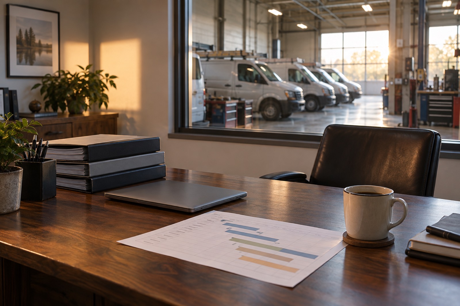 Owner's desk with a multi-year exit plan timeline, overlooking a service company's van bay