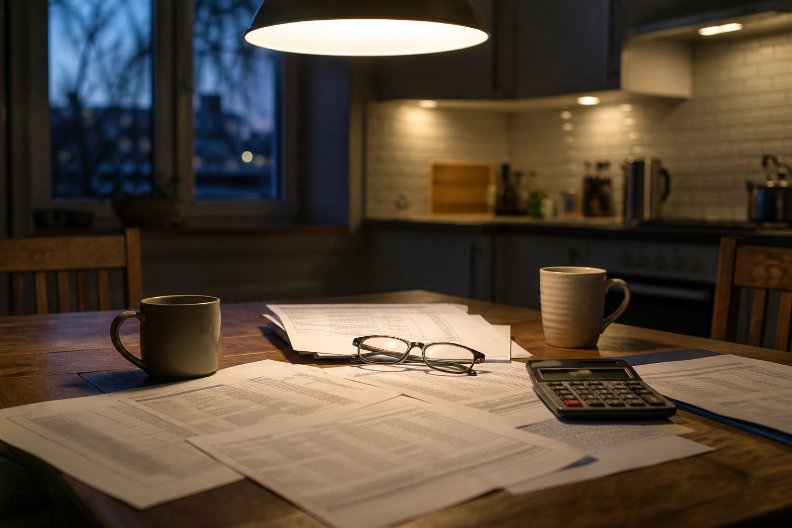 Financial statements on a kitchen table as a family weighs its exit options