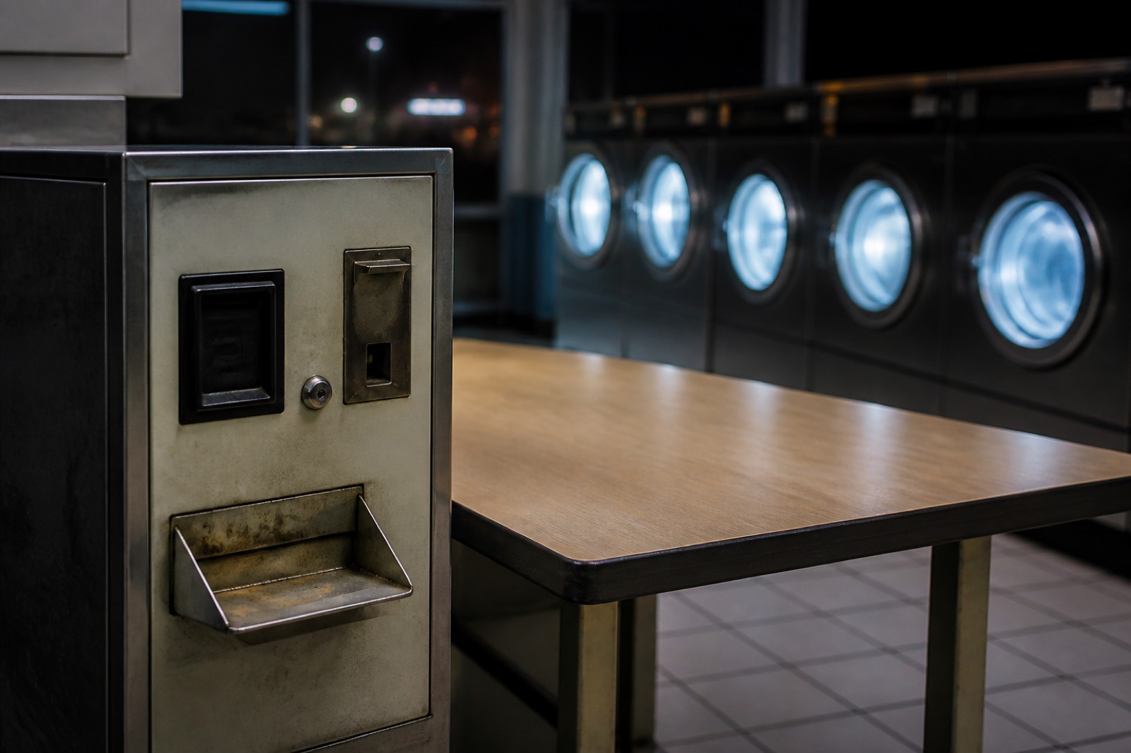 Laundromat interior at night when you look for a laundromat for sale off-market