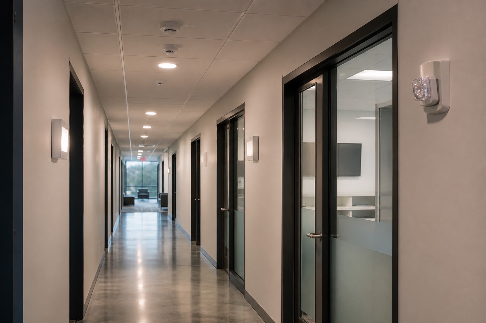 Commercial hallway with smoke detectors and strobes on ceiling and walls