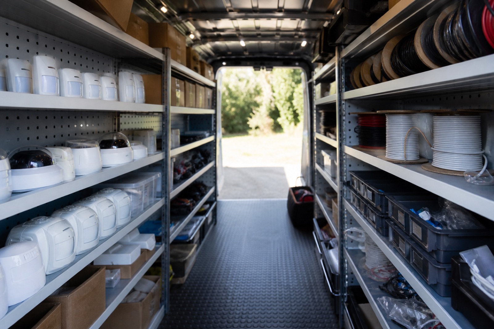Fire alarm technician service van with organized shelves and wire spools