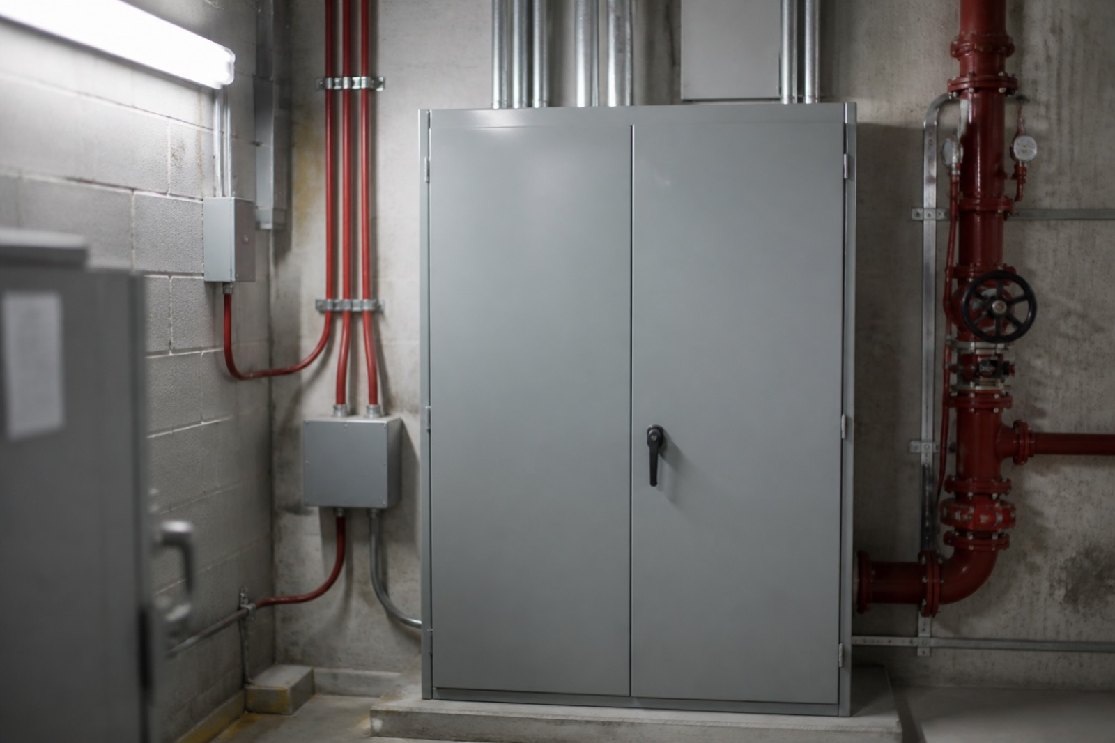Utility room with control panel cabinet and sprinkler riser