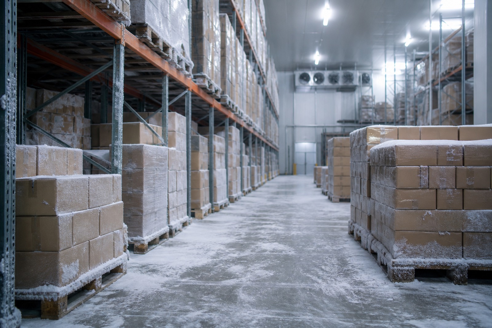 Cold storage warehouse with pallets of boxed food inventory