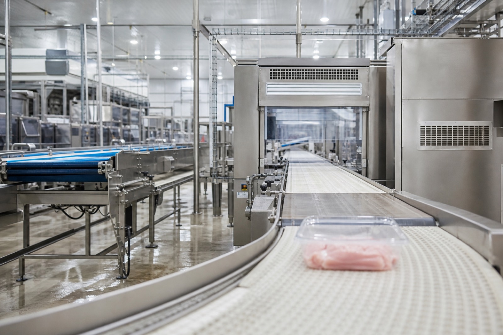 Food processing plant with stainless steel conveyors and packaging line