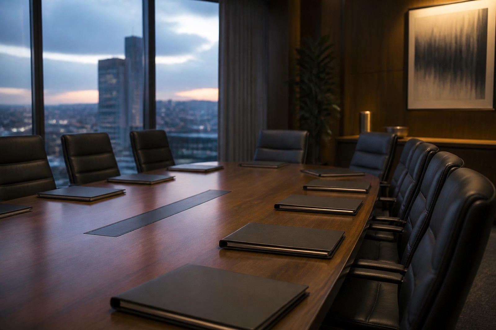 Boardroom with bound presentation books for a football field valuation fairness review
