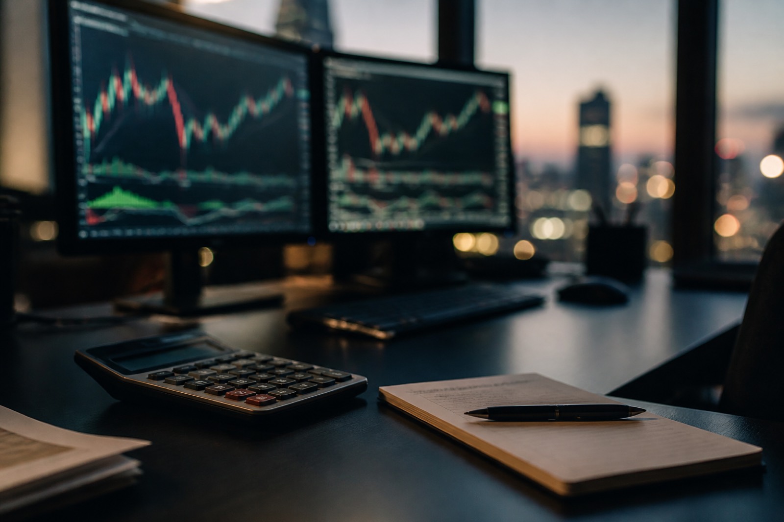 Desk with market screens used for trading comparables in a football field valuation