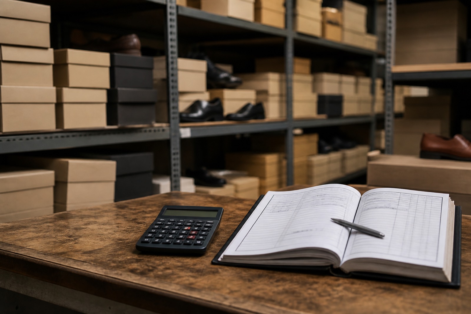 Shoe stockroom with ledger, using SDE multiples in footwear brand valuation