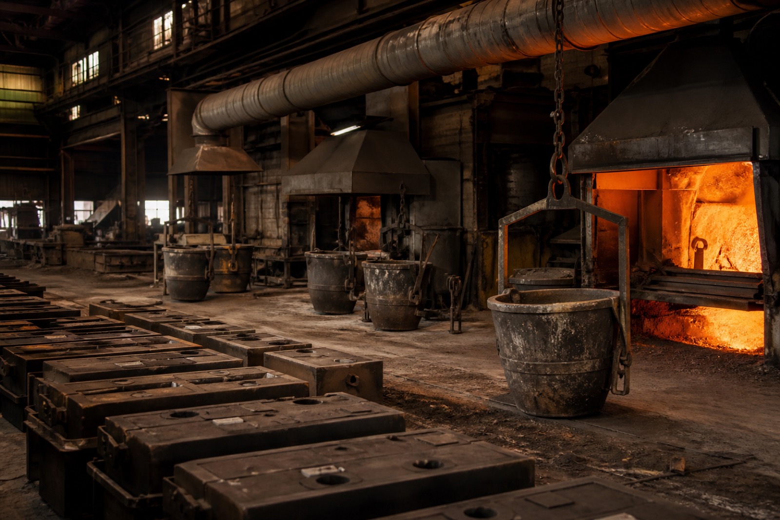 Foundry floor with sand molds, where compliance diligence shapes a foundry for sale