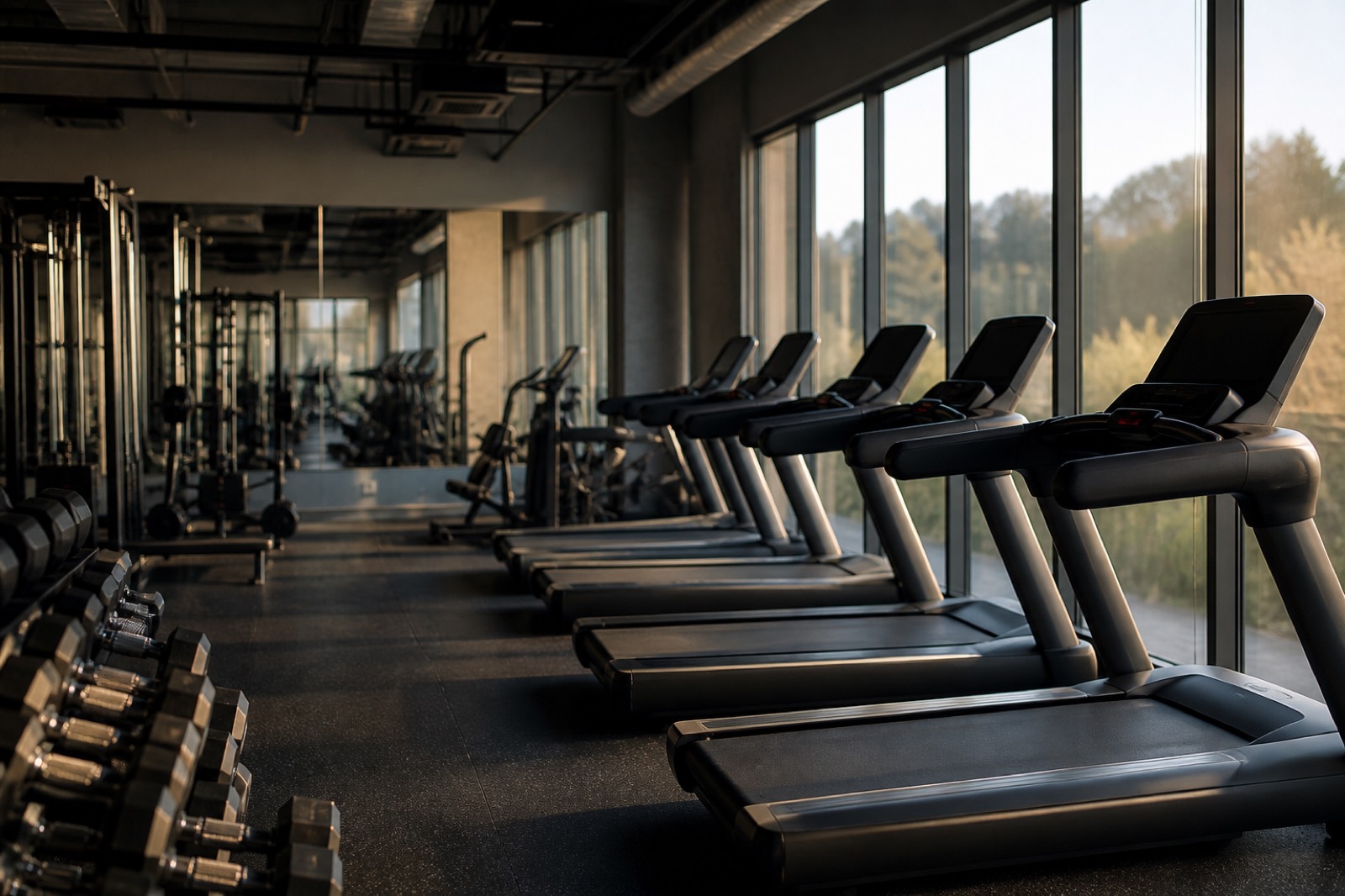 Empty gym floor with treadmills and weights, used when applying gym valuation calculator rules