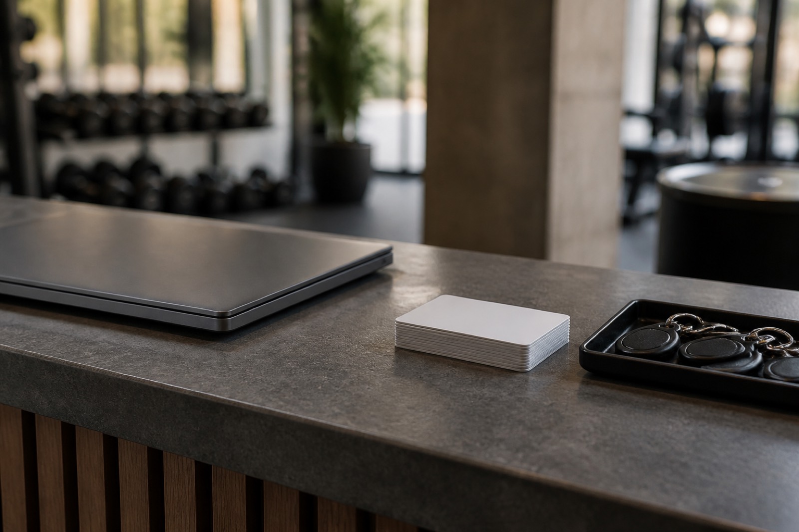 Gym front desk with member records that feed a gym valuation calculator