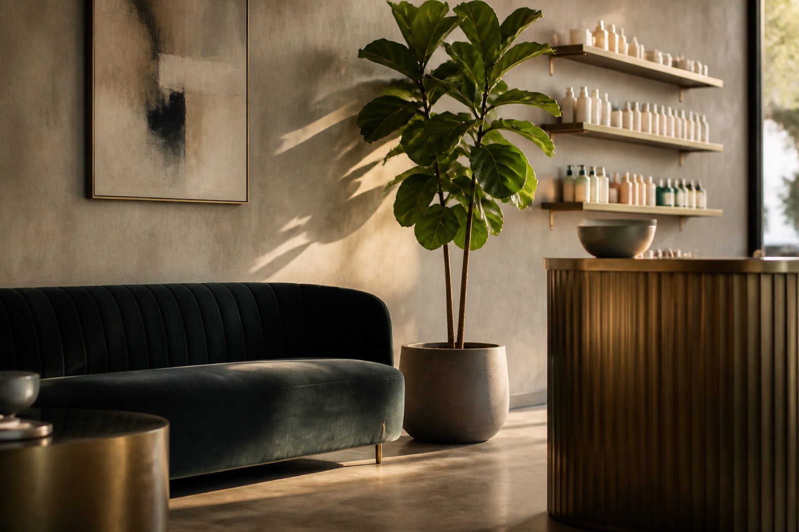 Hair salon reception area with seating and retail shelves