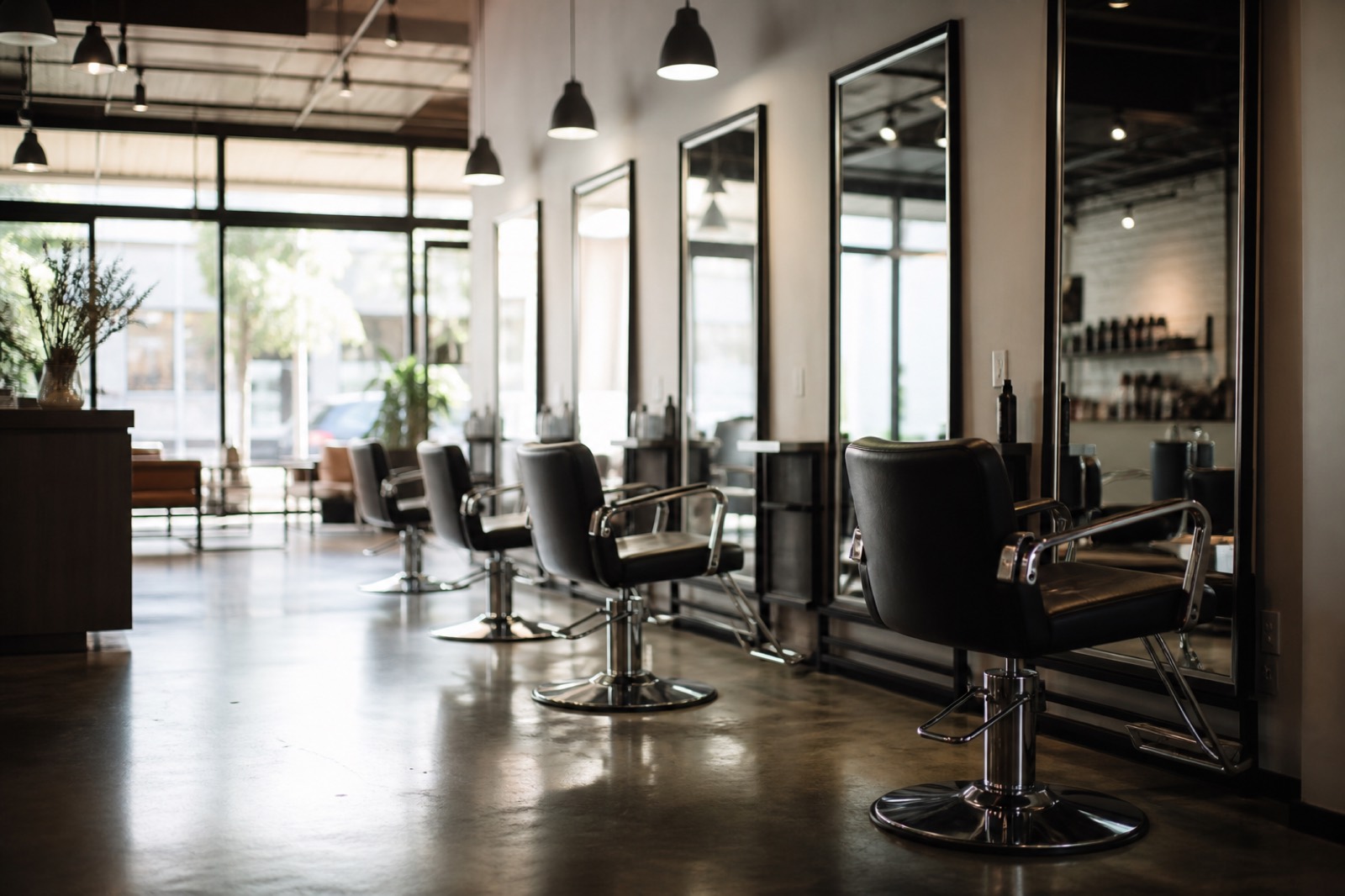 Bright hair salon with a row of empty styling chairs and mirrors