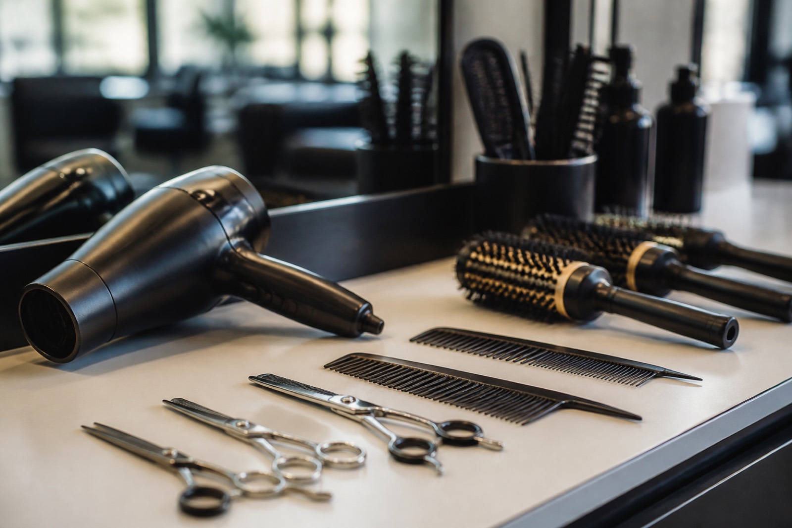 Stylist station with shears, combs and a hair dryer in a salon