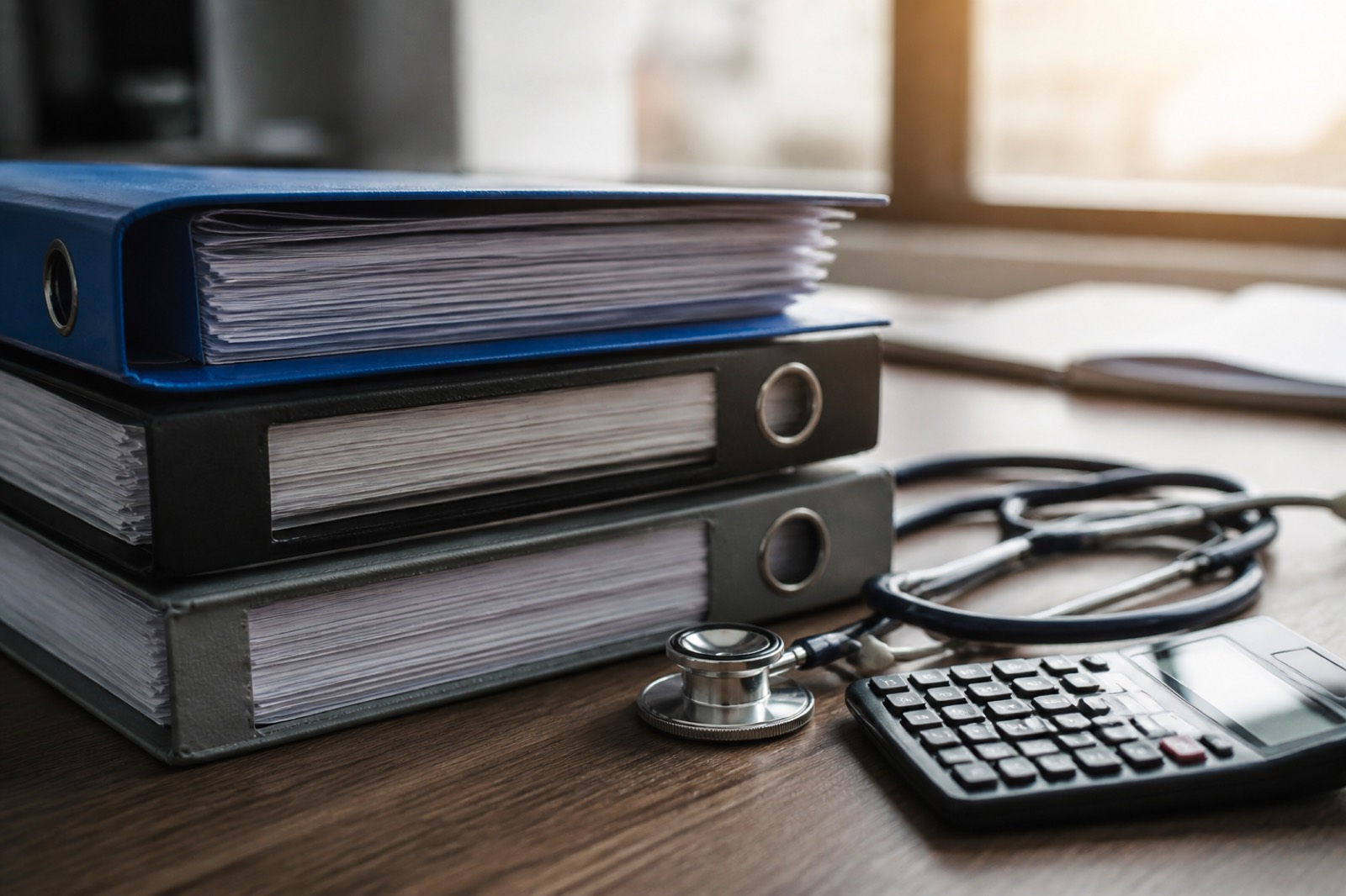 Financial binders beside a stethoscope, showing healthcare business valuation methods