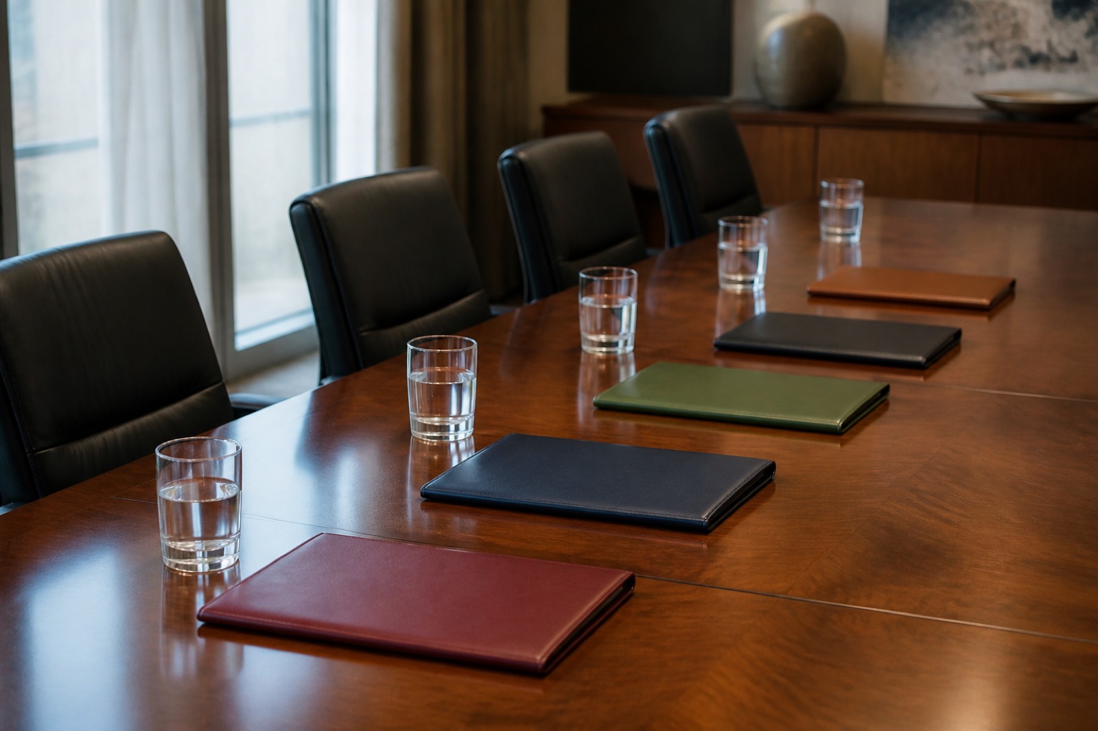 Five buyer folders on a boardroom table representing the buyer types for a home services company