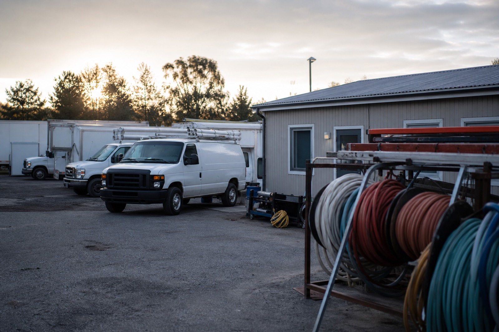 Service trucks at a home services company yard