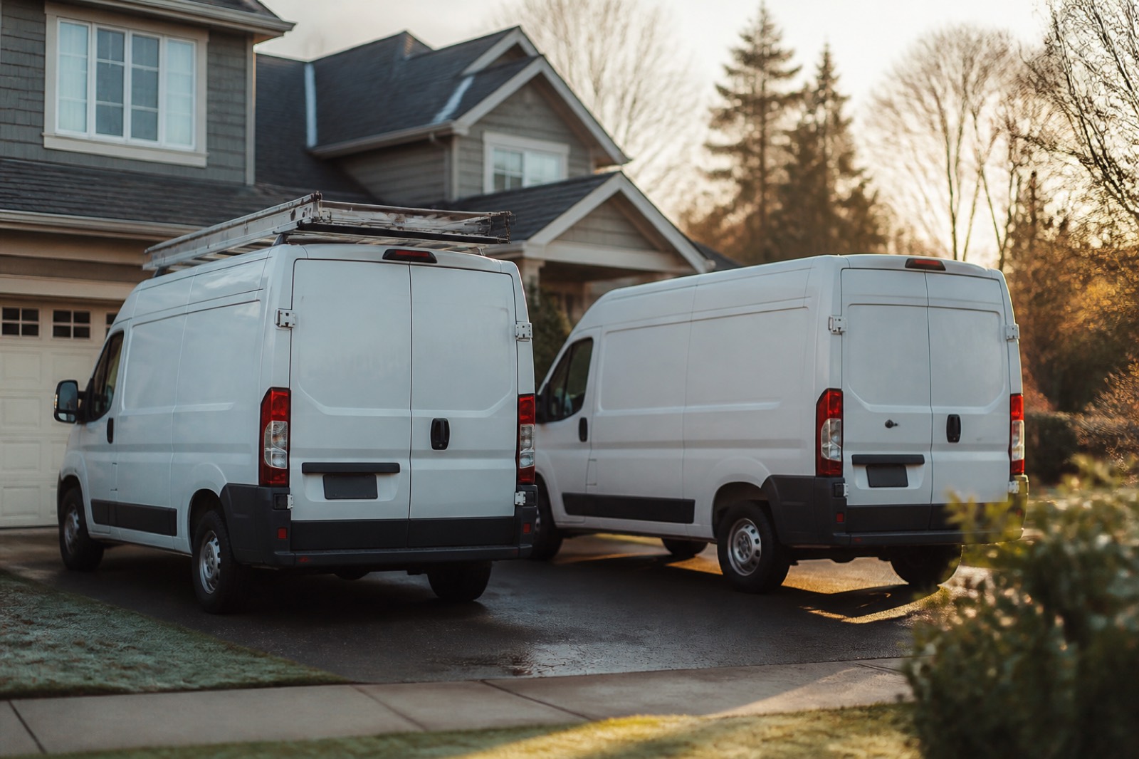 Service vans outside a home, typical of home services franchises for sale