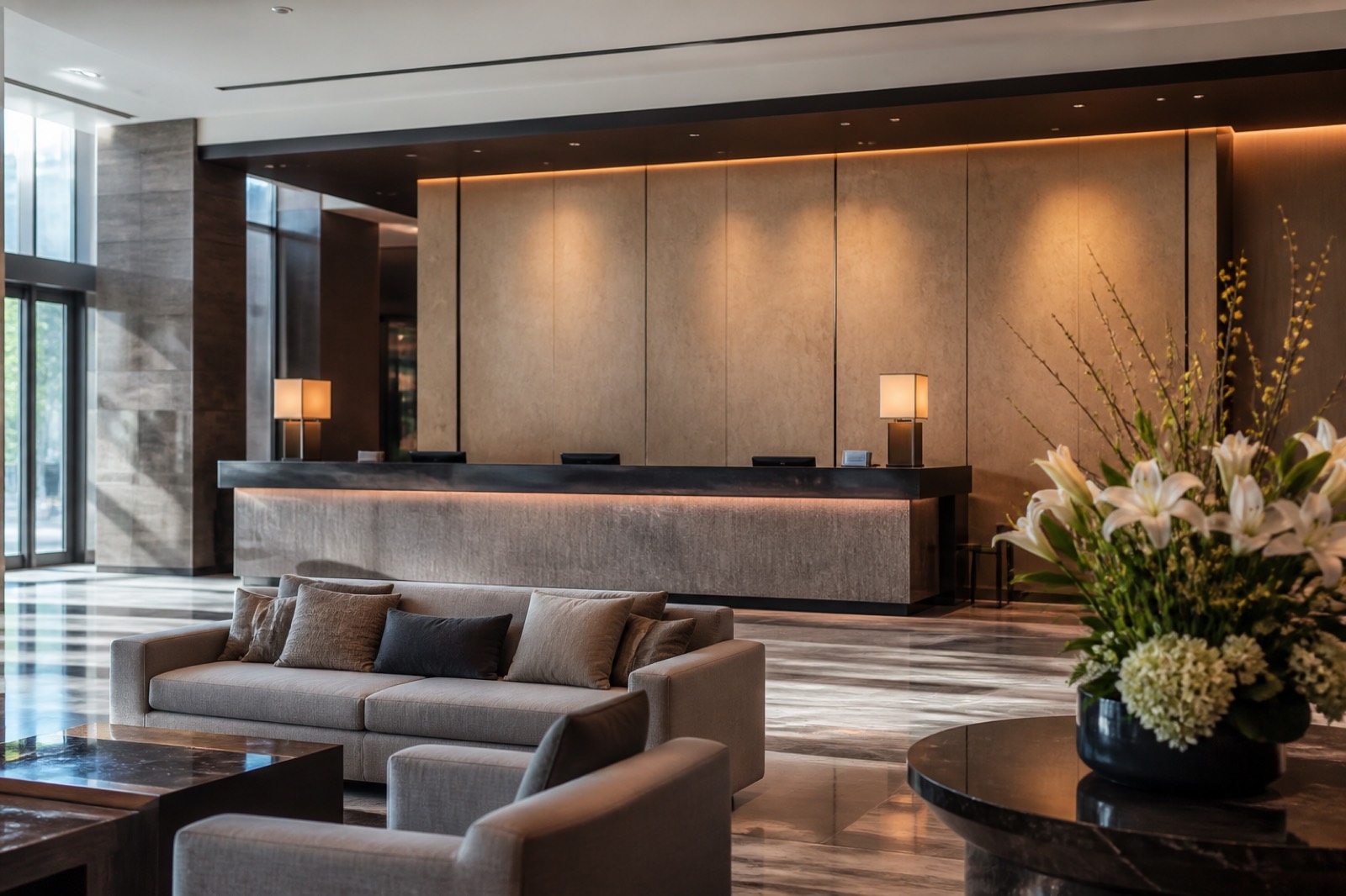 Hotel lobby with front desk and seating area in the morning