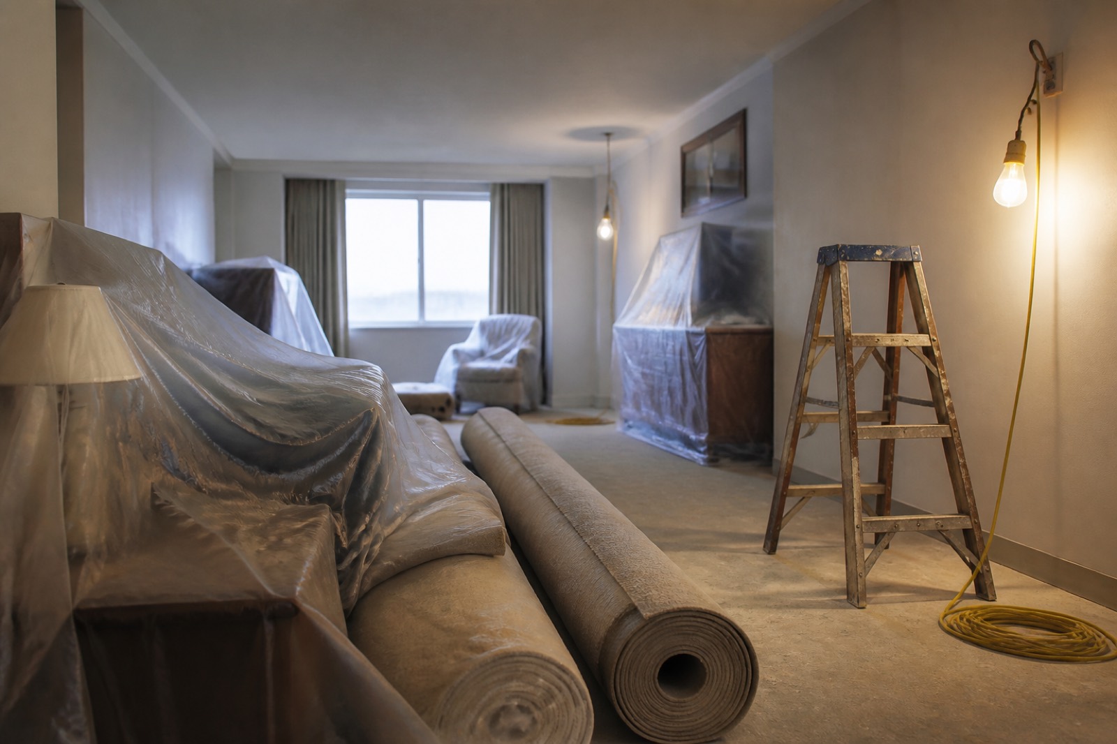 Hotel guest room under renovation with carpet rolls and ladder